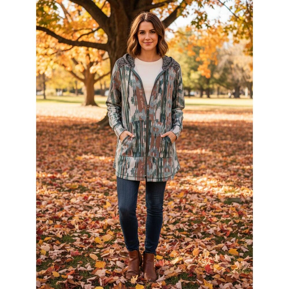 LOGO Lounge Lori Goldstein Green Abstract Print Zip Front Hoodie - Medium